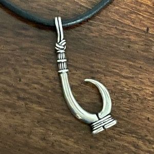 Silver Fish Hook Pendant on Black Leather Necklace